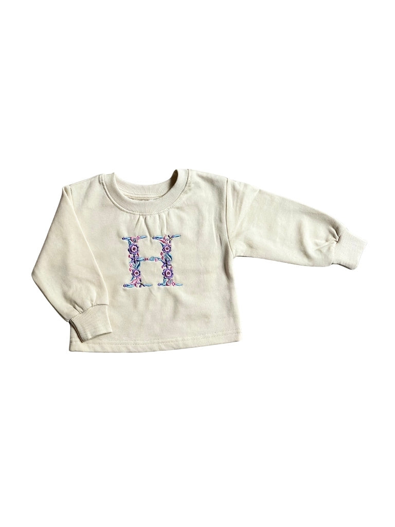 Sweater Met Gebloemde Letter - Beige - Geborduurd