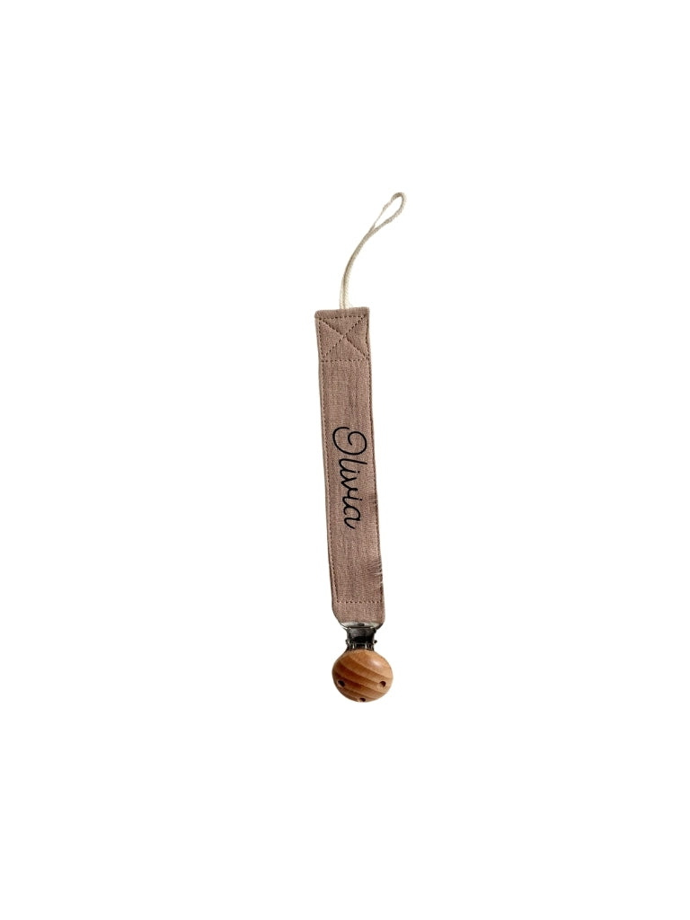 Speenkoord met houten clip & haarborstel set met naam - Taupe - Bedrukt