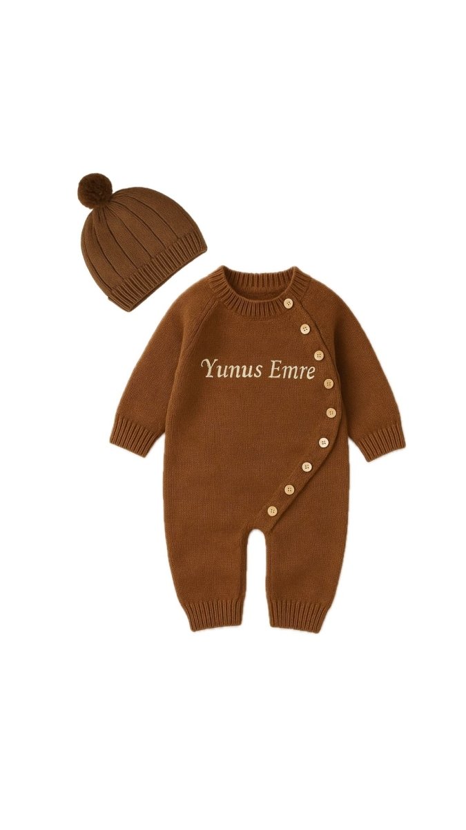 Gebreide bruine boxpakje met naam - Persoonlijk kraamcadeau - Maatje voor Maatje