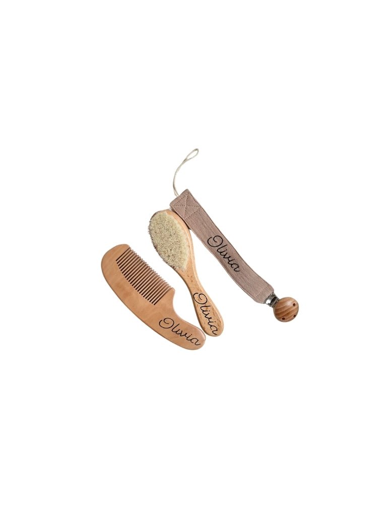 Speenkoord met houten clip & haarborstel set met naam - Taupe - Bedrukt - Maatje voor Maatje